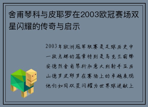 舍甫琴科与皮耶罗在2003欧冠赛场双星闪耀的传奇与启示