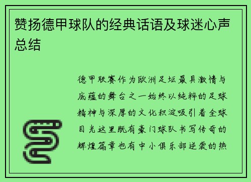 赞扬德甲球队的经典话语及球迷心声总结