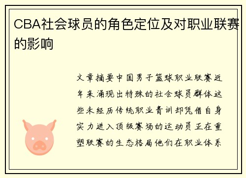 CBA社会球员的角色定位及对职业联赛的影响