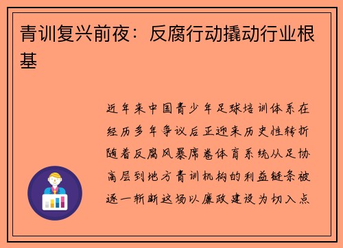 青训复兴前夜：反腐行动撬动行业根基